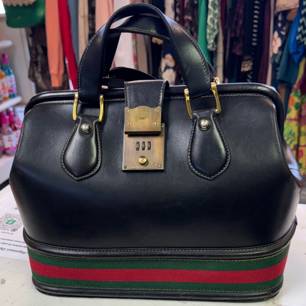 Gucci Vintage Black Leather Doctor Bag w/ Web Stripe & Gold Hardware